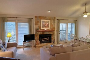 Televisión de pantalla plana, chimenea y reproductor de DVD 