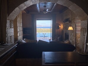 TV connectée, cheminée, livres, espaces bureaux