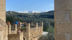 A stone structure with a view of snow-capped mountains and a forested hillside.