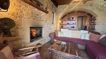 Smart TV, fireplace, books, offices