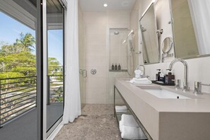 Combined shower/tub, hair dryer, towels
