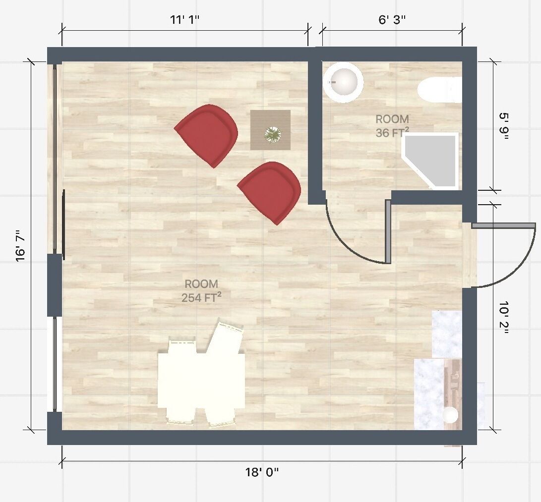 A floor plan of a room measuring 18' 0" by 16' 7" with two rooms: one 36'2" and another 254'2".