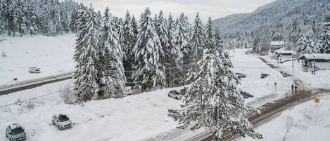 A snow-covered landscape with a road, parked cars, and a building with a sign indicating a location for rent.