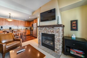 TV, fireplace, DVD player, books