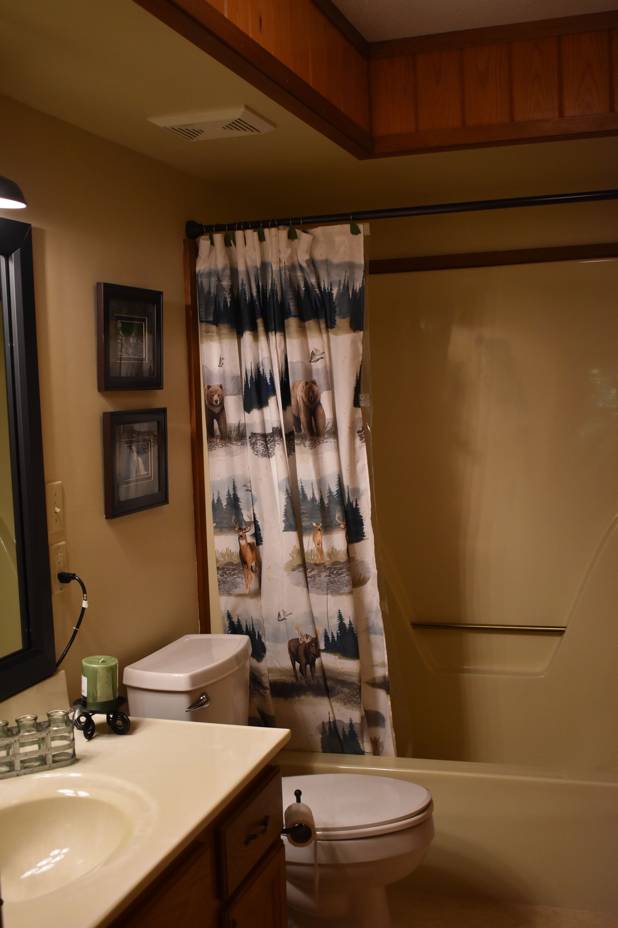 A bathroom with a toilet, sink, and shower curtain with a forest design.