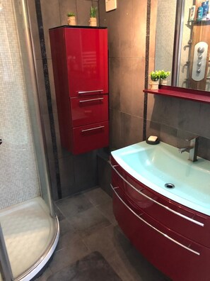 Dusche, Haartrockner, Handtücher, Seife