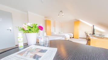 Hypo-allergenic bedding, desk, blackout drapes, soundproofing