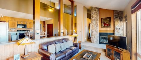 Televisio, takka, DVD-soitin, kirjoja