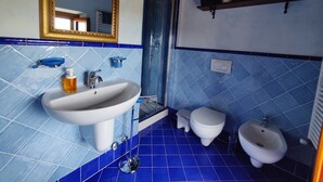 A bathroom with a sink, toilet, bidet, and a shower.