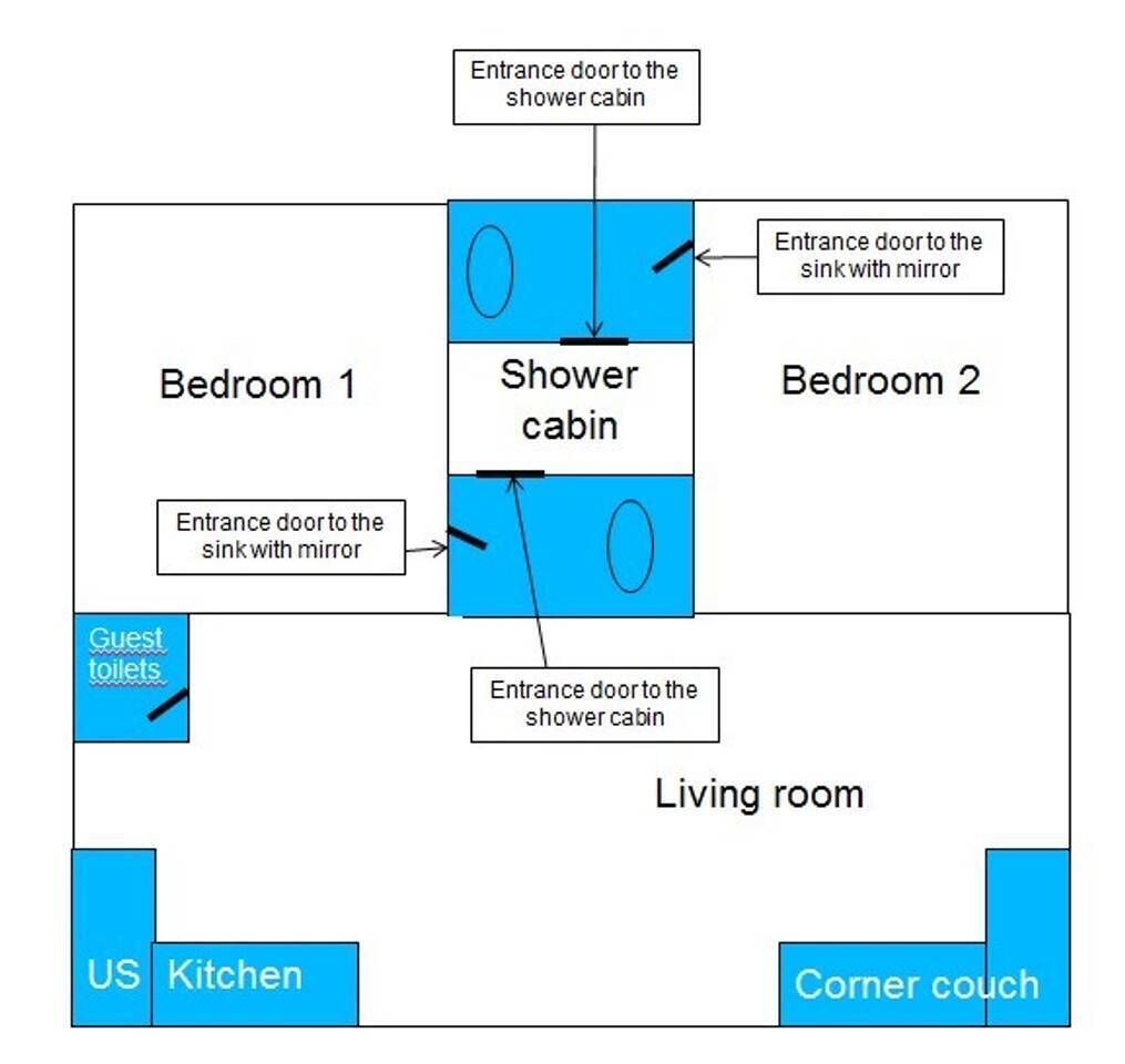 Un hôtel comprenant deux chambres, une cabine de douche, des toilettes pour les clients, une cuisine de style américain et un canapé d’angle.