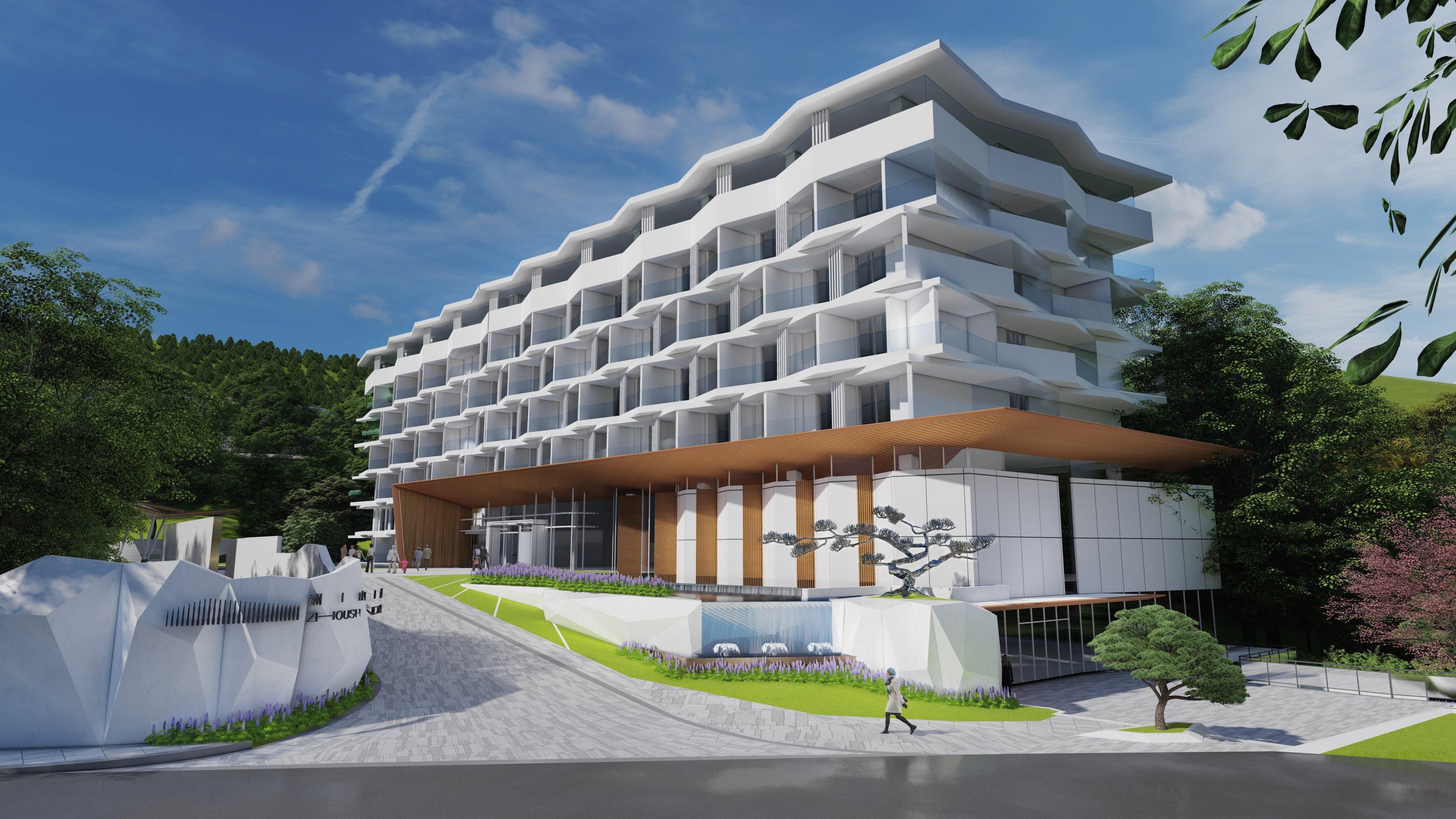 A multi-story hotel with a modern design, featuring a prominent entrance with a wooden canopy and a landscaped garden area.