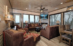 TV, fireplace, video games, foosball