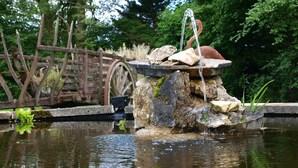 Een rustieke stenen fontein met een flamingo-beeldje, omringd door een houten hek en een grote radstructuur in een weelderig groen park.