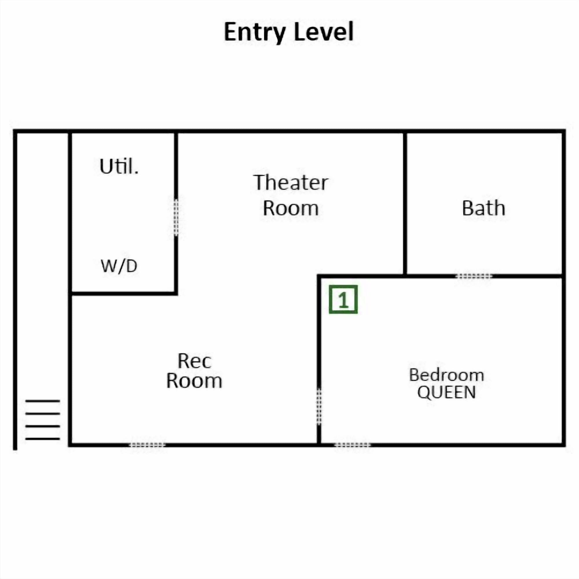 A floor plan with an entry level, utility room, theater room, bathroom, rec room, and a bedroom labeled "QUEEN".