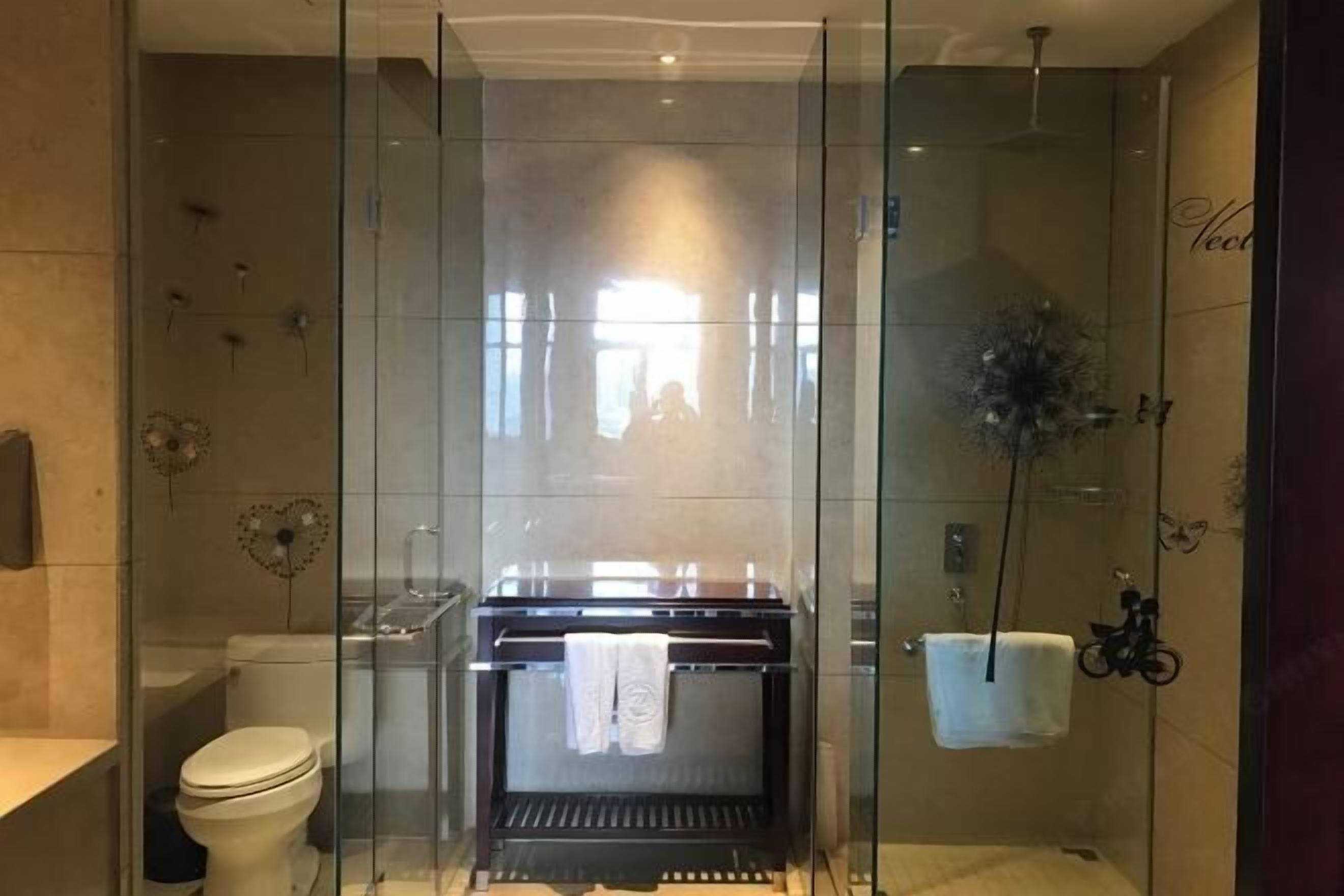 A modern bathroom with a glass-enclosed shower, a toilet, and a bathtub.