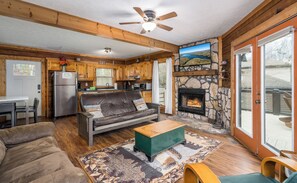 Smart TV, fireplace, video games, DVD player