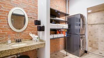 Hair dryer, towels, soap, toilet paper