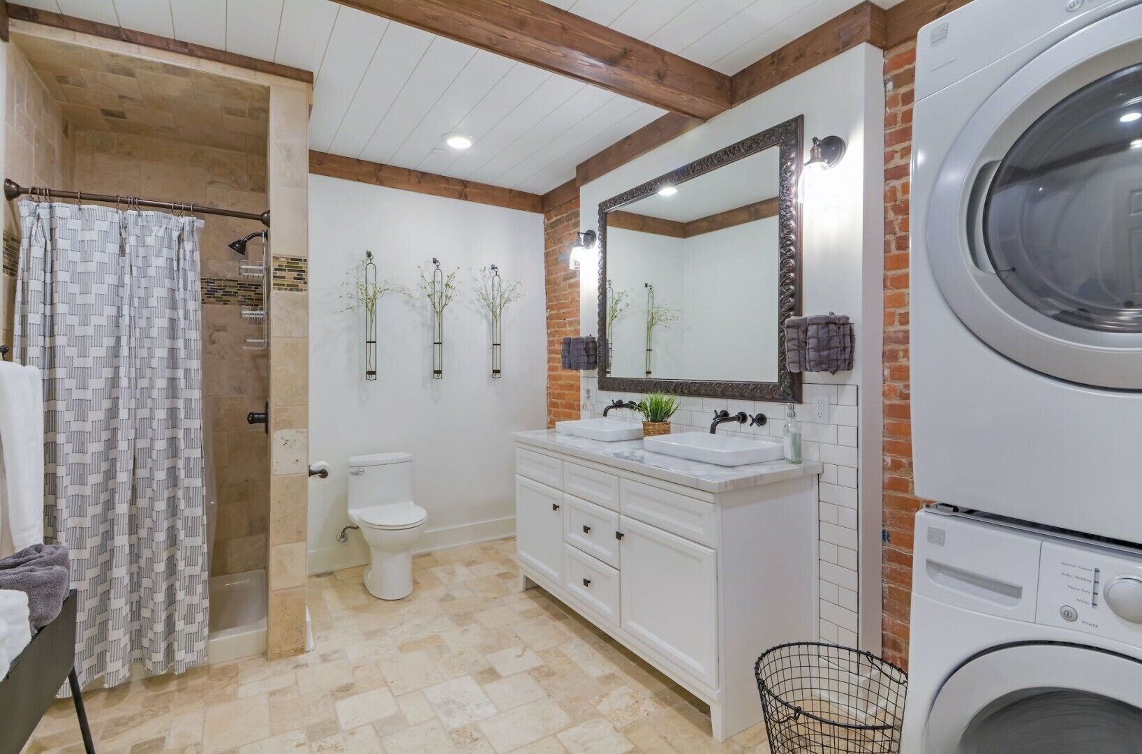 Hair dryer, towels, soap, toilet paper