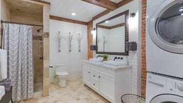 Hair dryer, towels, soap, toilet paper