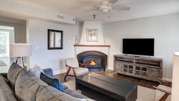 Una televisión, una chimenea