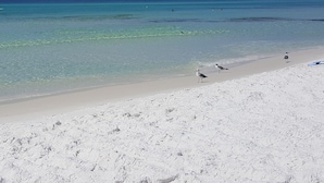 A beach with clear turquoise water and white sand.