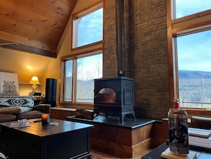 A cozy room with a wood-burning stove, large windows, a comfortable couch, and a table with a can of soda.