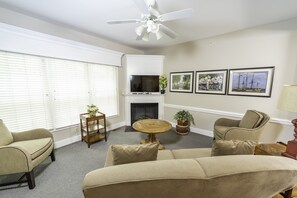 Flat-screen TV, fireplace, DVD player, books