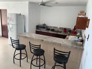 Fridge, microwave, coffee/tea maker, toaster