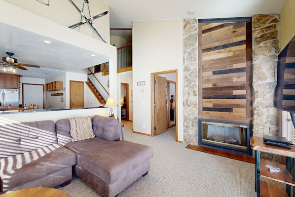 TV, fireplace, DVD player, books