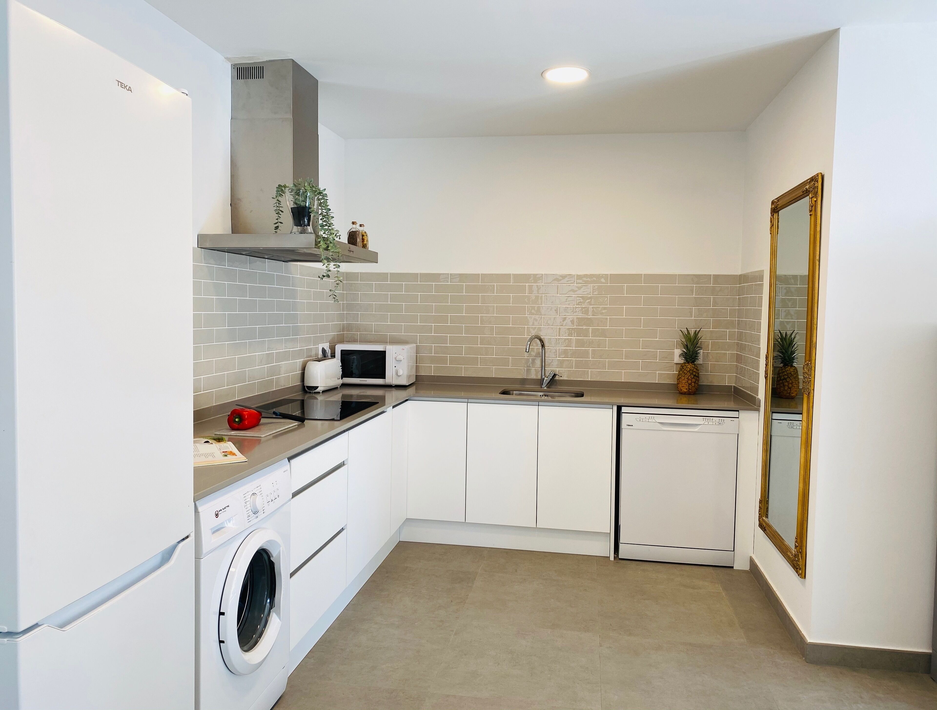 Kühlschrank, Mikrowelle, Herdplatte, Geschirrspüler