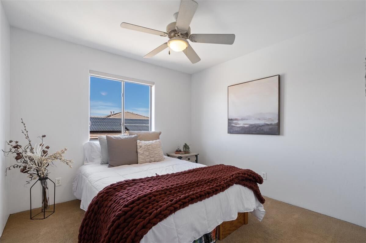 A bedroom with a bed, a ceiling fan, a window, and a framed picture on the wall.