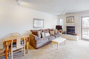 Télévision, cheminée, lecteur de DVD