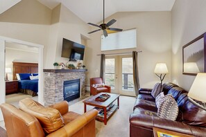 TV, fireplace, DVD player, books