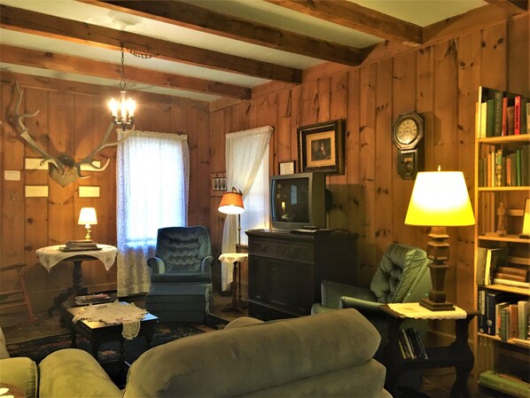A cozy living room with wooden walls, a television, a bookshelf, and a fireplace.