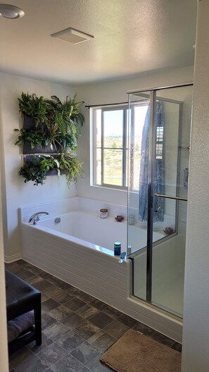 Combined shower/bathtub, hair dryer, towels, soap - Five-bedroom vacation home located eight minutes from the Menifee Lakes Golf. (Menifee)
