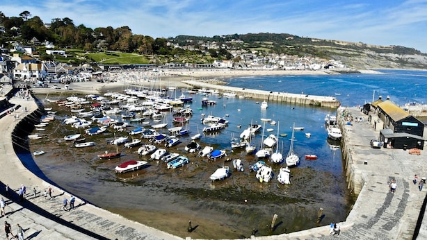 Un port où de nombreux bateaux sont amarrés, une plage de sable et une ville en arrière-plan.