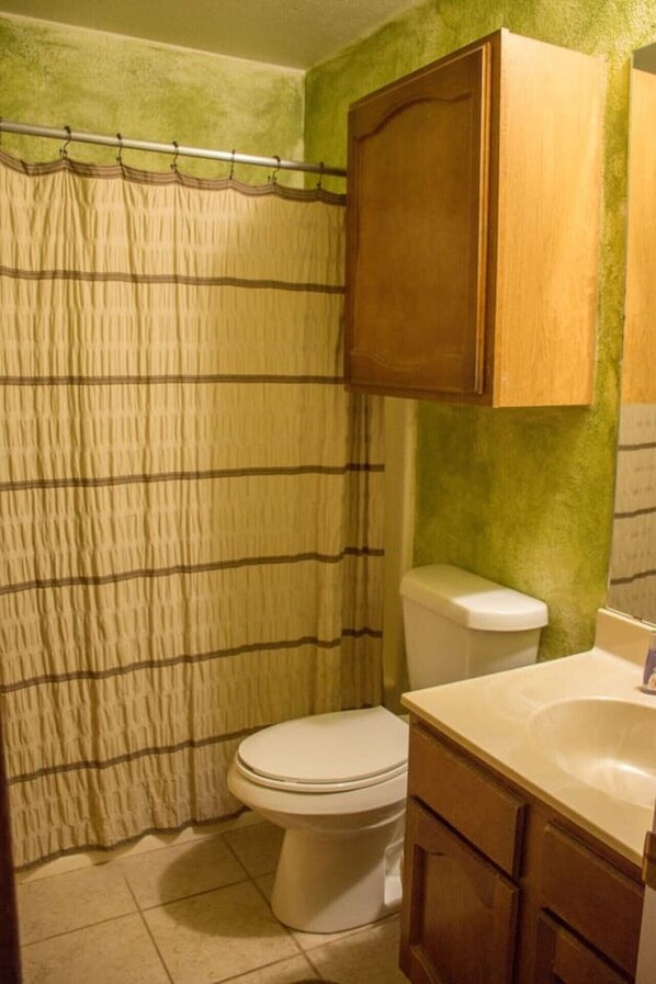 A bathroom with a toilet, a sink, and a shower curtain.
