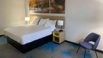 A hotel room with a large bed, a nightstand with a lamp, a chair, and a wall-mounted artwork.