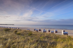 A beach with rows of striped beach chairs and a pier in the distance. - Minervapark Whg. Mi12 (Ostseebad Boltenhagen)