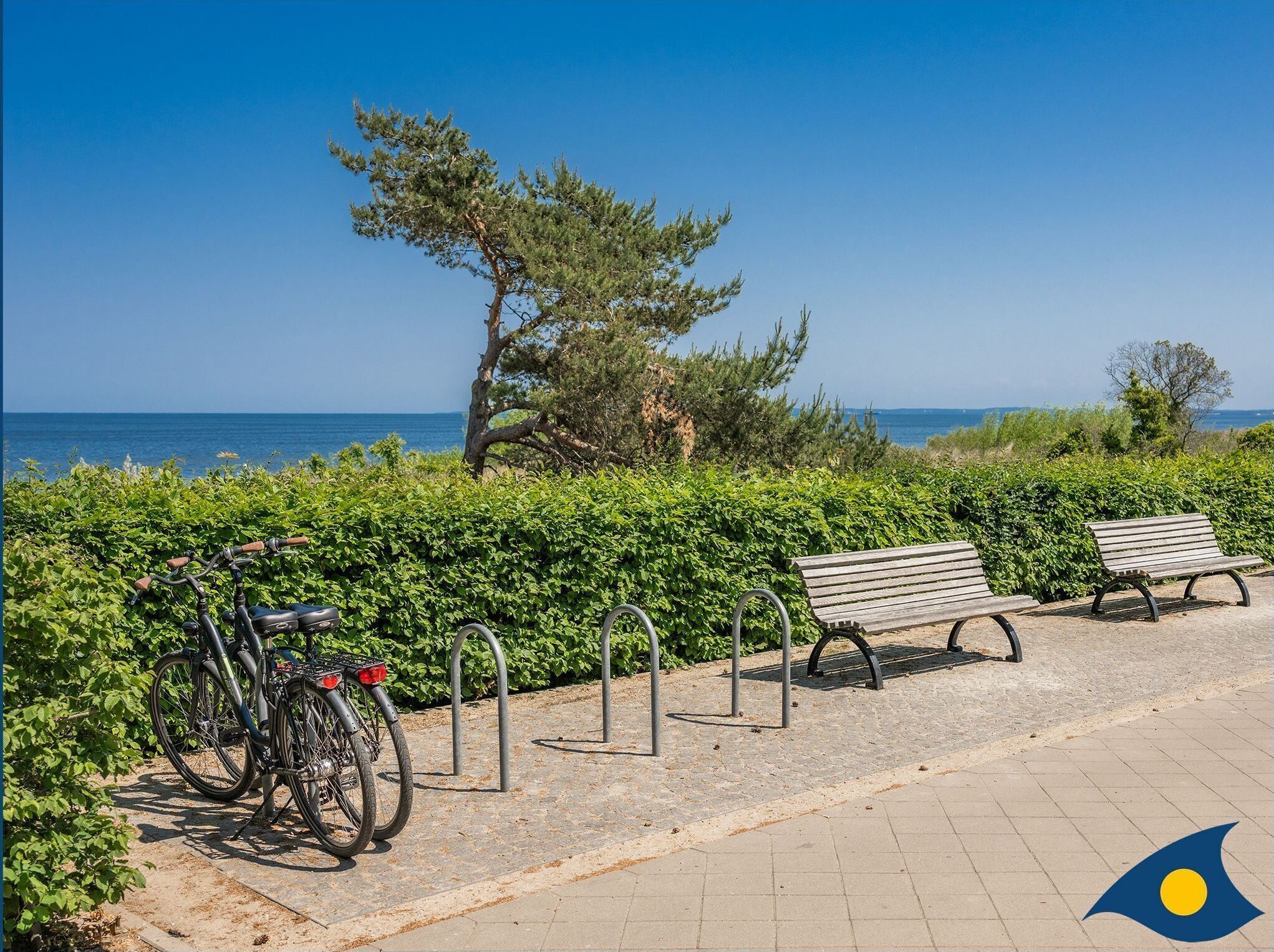 A paved walkway with a bench and a bicycle parked on the side.