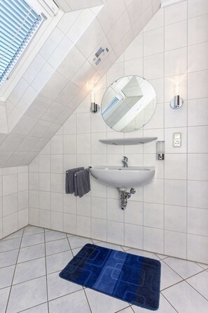 Shower, hair dryer, soap, toilet paper