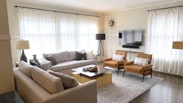 Smart TV, fireplace, books, music library