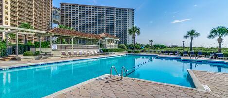Ein Pool mit Liegestühlen und einer Laube, umgeben von Palmen und einem großen Hotel im Hintergrund.