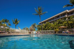A clear blue pool surrounded by palm trees and lounge chairs, with a building in the background.
