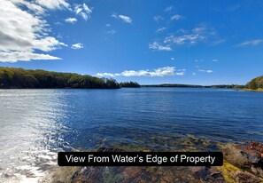 A clear view of a lake with a rocky shoreline and trees in the background.