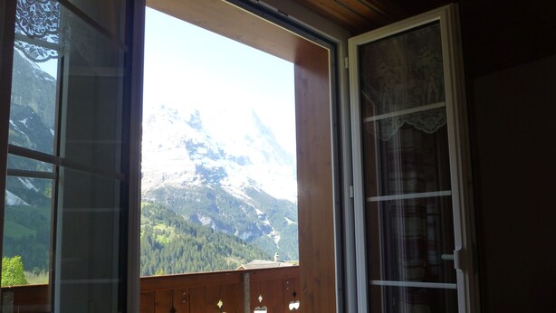 Una habitación con vistas a montañas nevadas a través de una puerta abierta.