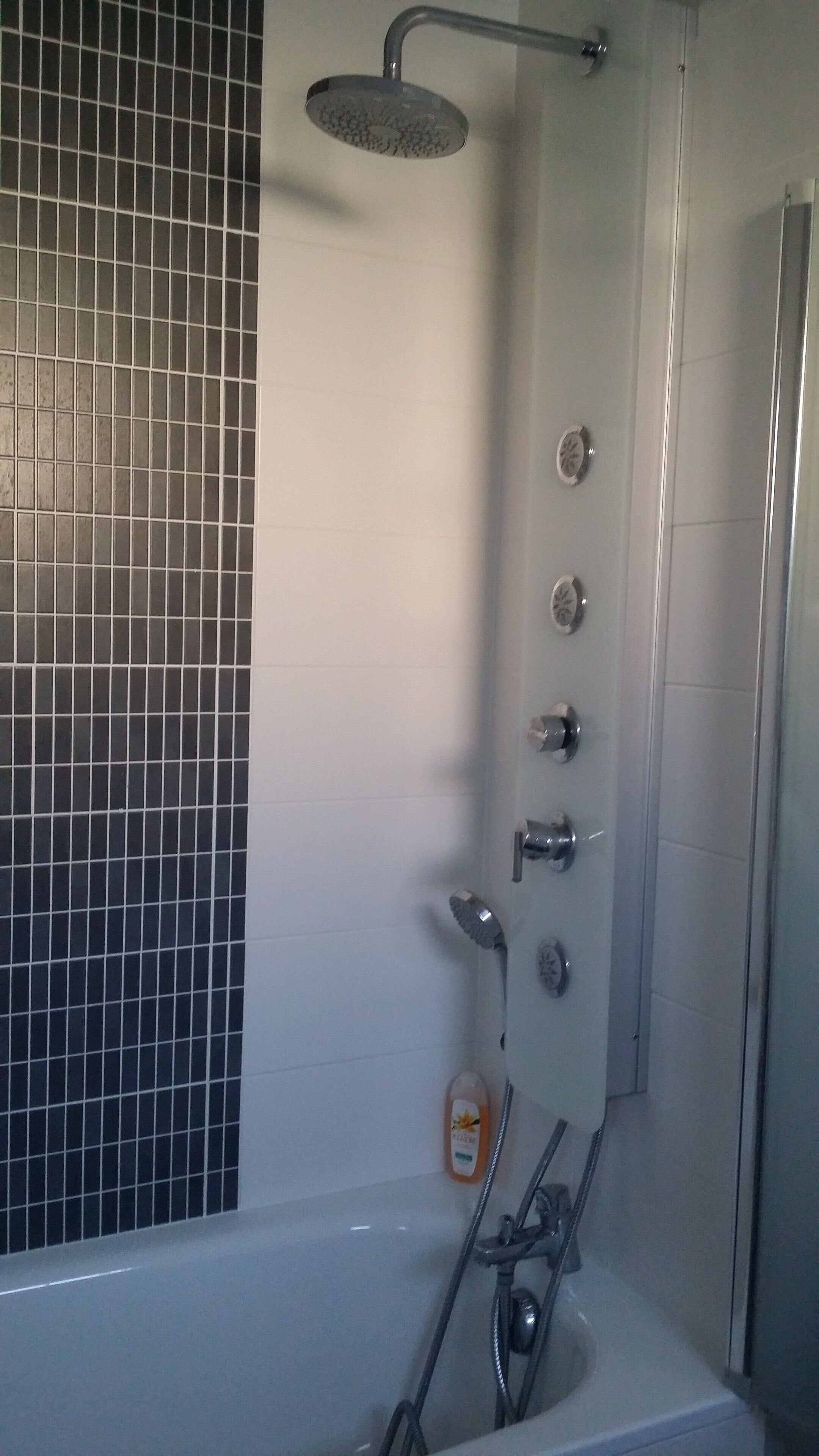 Kylpyhuone, jossa on suihku, kylpyamme ja wc.