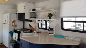 Une cuisine compacte équipée d’un four à micro-ondes, d’une cuisinière et d’un évier. Des étagères au-dessus du plan de travail servent à ranger la vaisselle et abritent une plante en pot.