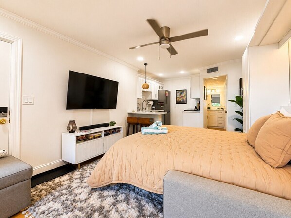 A bedroom with a bed, a TV, a ceiling fan, a kitchenette, and a bathroom.