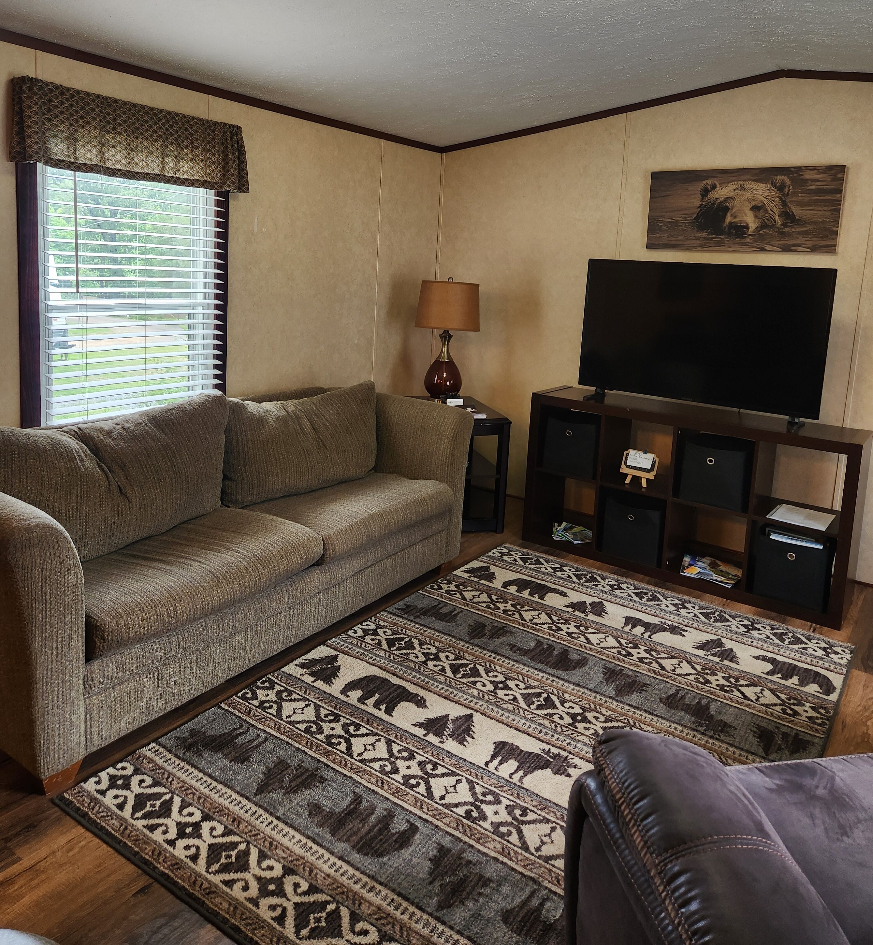 A living room with a sofa, a patterned rug, a television, and a lamp.